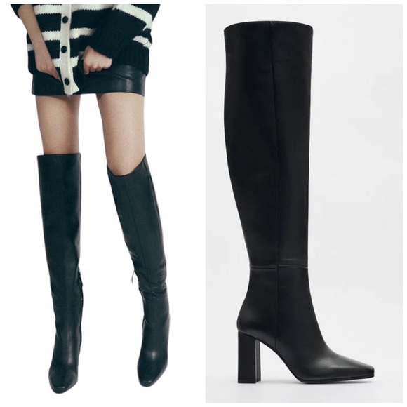 Zara Shoes - New Zara Over the Knee Black Leather Almond Toe Block Heel Boots 2011/010